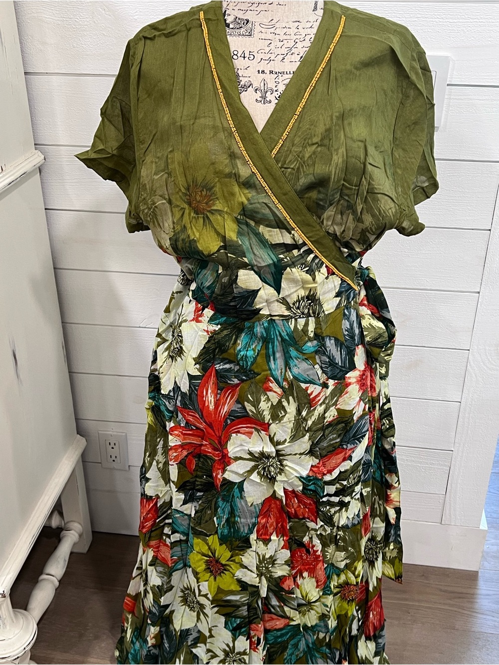Soft Surroundings Olive Green Floral Maxi Dress with Red & Teal Accents